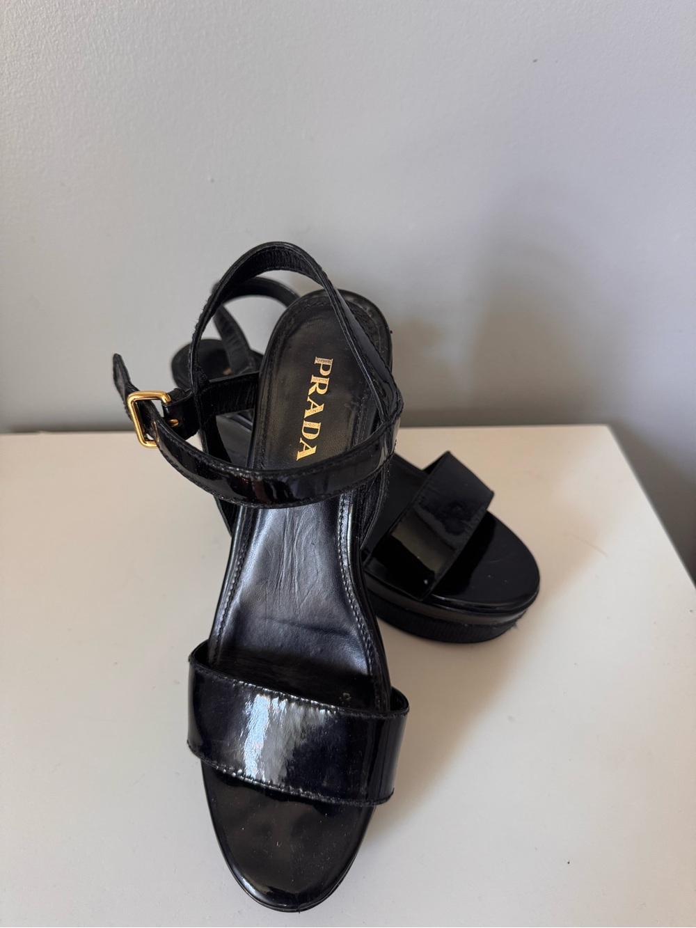 Prada Black Patent Leather Platform Heels with Gold Buckle